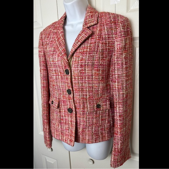 CARLISLE Tweed Blacker Jacket Coat Pink Red Orange Ivory Wool Silk Suit Career - Picture 2 of 12